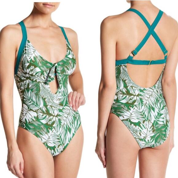 VIGOSS Green Palm Tree One Piece Swimsuit Cut Out Open Back Slimming Large - Picture 1 of 9